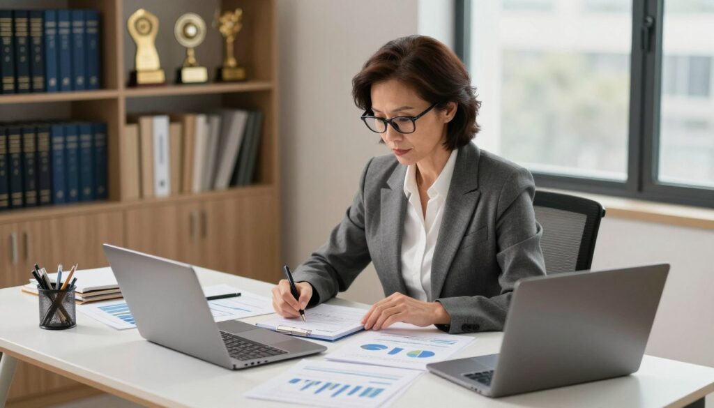 A professional accountant in a sleek office setting, sitting at a modern desk covered with financial reports, charts, and a laptop. The accountant, a middle-aged woman wearing a tailored suit and glasses, is focused on calculations, exuding confidence and expertise. Soft, natural lighting streams through large windows, illuminating the space with a warm ambiance. In the background, bookshelves filled with accounting textbooks and awards highlight her qualifications. The atmosphere reflects professionalism and diligence, portraying the essence of key competencies that enhance an accountant's salary. Capture the scene from a slightly elevated angle to emphasize the subject's authority and determination in her role.
