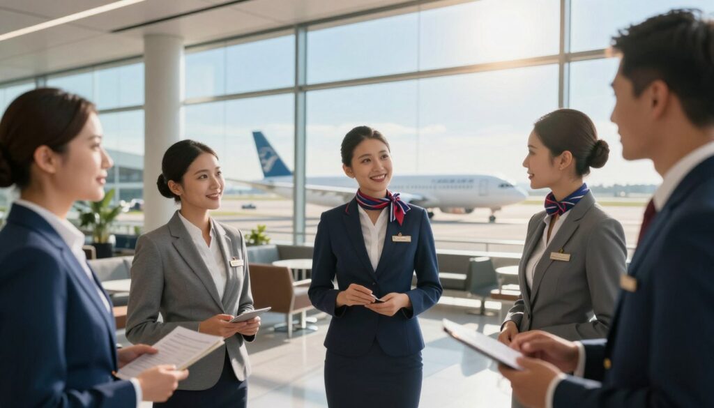A professional airline environment showcasing the concept of career advancement in the aviation industry. In the foreground, a diverse group of flight attendants in smart business attire are engaged in a discussion, smiling and sharing ideas. In the middle, an elegant, modern airport lounge with large windows displaying aircraft on the runway, symbolizing progression and opportunity. The background features a clear blue sky and bright sunlight streaming through, creating an uplifting and motivational atmosphere. Soft, warm lighting enhances the professionalism and camaraderie of the scene. The overall mood is inspirational and focused on growth, representing the upward trajectory of salaries and roles in the airline sector.