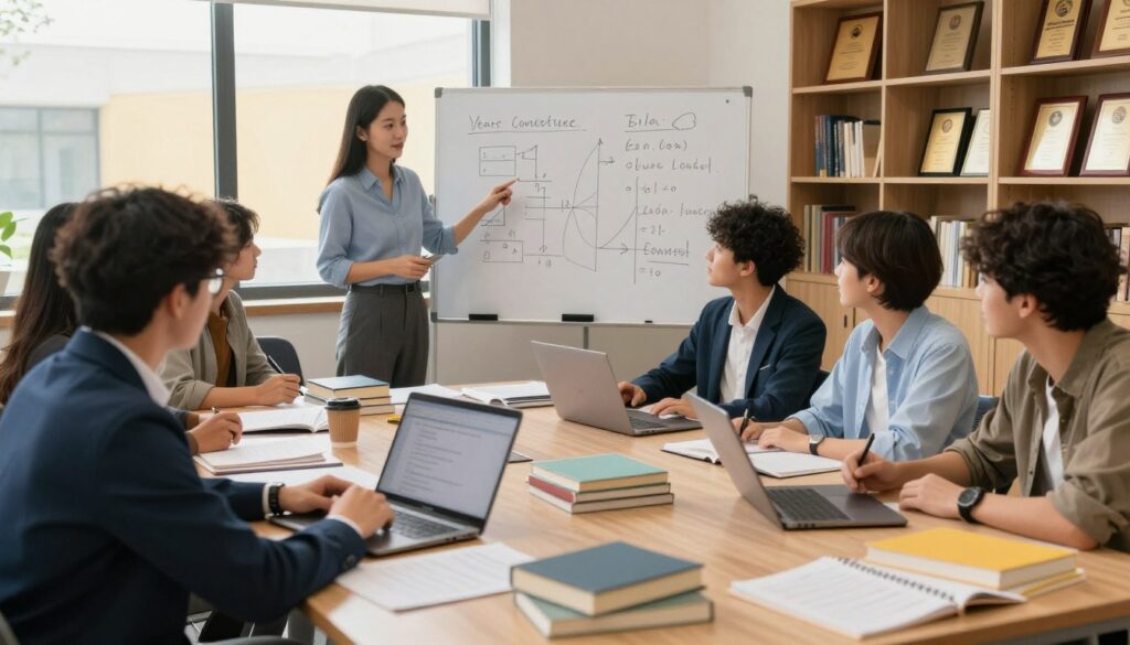 A professional and educational setting showcasing a diverse group of students and teachers engaged in discussion around a large classroom table filled with various school books, laptops, and papers. In the foreground, a student in business attire is pointing at a chart illustrating years of education and work experience. In the middle, a teacher is explaining concepts with a whiteboard filled with diagrams and calculations. The background features shelves filled with academic awards and a large window letting in warm, natural light. The mood is focused and collaborative, emphasizing the importance of education in counting work experience. The image should have a clear and inviting atmosphere, capturing the significance of calculating educational years towards professional experience.