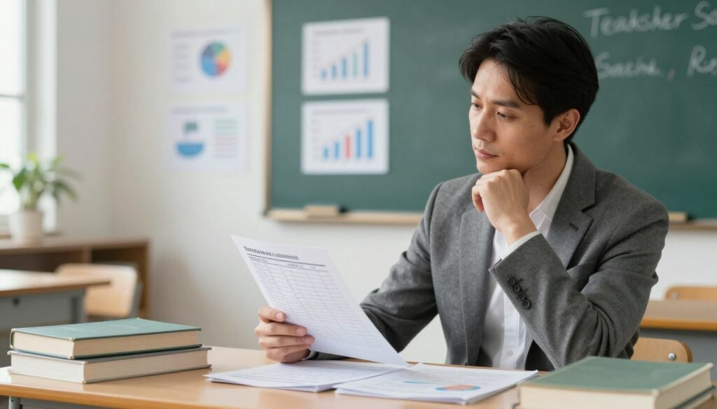 A professional and engaging scene depicting a thoughtful teacher in a well-lit classroom, sitting at a desk filled with educational materials like books and papers, actively reviewing a salary chart. The foreground features a close-up of the teacher, dressed in business casual attire, showcasing a contemplative expression while looking at the chart. In the middle ground, a chalkboard displays various graphs and statistics regarding teacher salaries. The background is softly blurred, revealing a cozy classroom ambiance with sunlight streaming through a window, illuminating the teaching environment. The overall mood conveys a sense of seriousness and professionalism, reflecting the importance of understanding financial compensation in education.