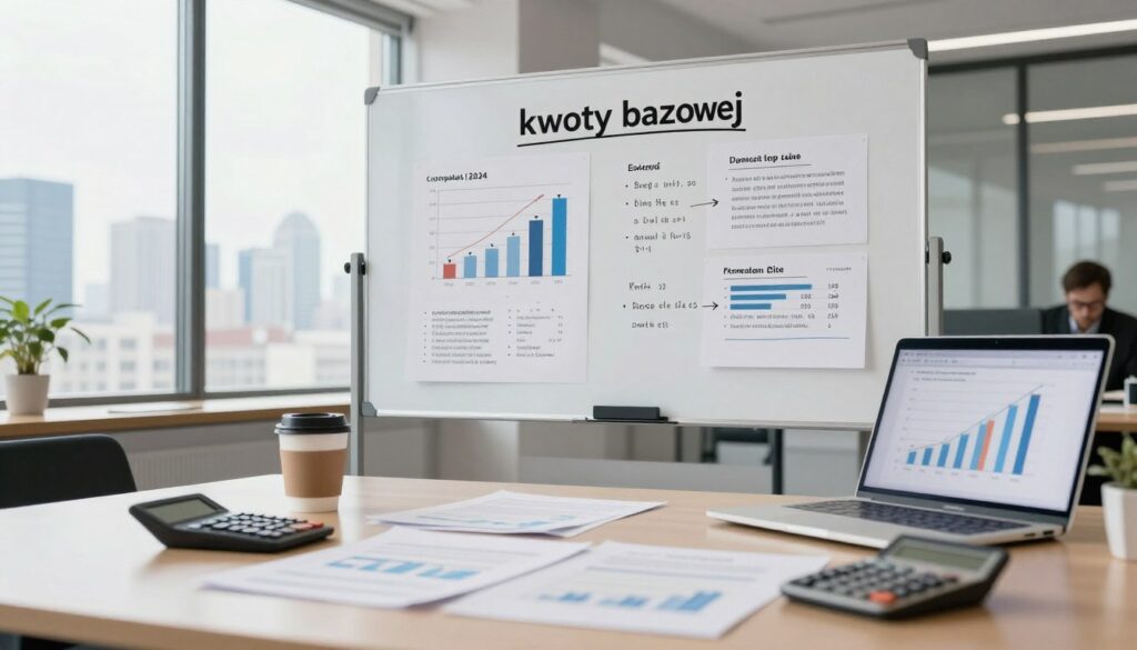 A professional and inviting office setting designed to illustrate the concept of "kwoty bazowej." In the foreground, a polished desk cluttered with financial documents and a calculator; to the side, a coffee cup and a laptop displaying a graphs related to salaries. In the middle, a large whiteboard covered with detailed charts and bullet points about local government compensation, emphasizing the numbers and limits for 2024. The background showcases a city skyline through large windows, bathed in soft natural light highlighting the professionalism of the environment. The mood is serious yet approachable, suited for an informative article. Use a wide-angle lens to encompass the entire setting, ensuring clarity and focus on both the workspace and the informative elements.