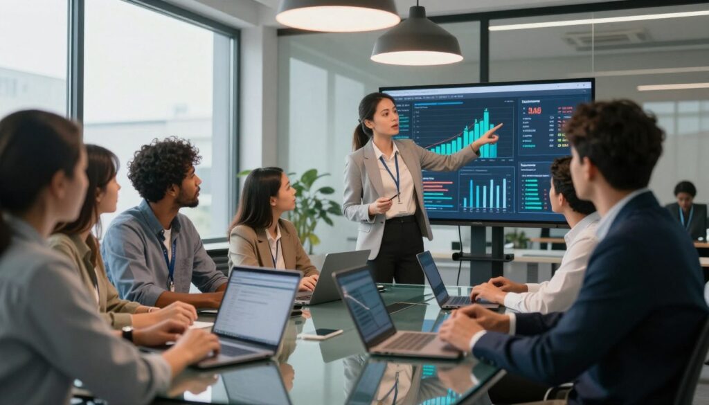 A professional and modern office setting showcasing a diverse group of IT specialists discussing high-paying specializations in the tech industry. In the foreground, a confident woman in business attire points at a digital screen displaying graphs and statistics about salaries, her expression focused and engaged. In the middle, several professionals of different ethnicities are seated around a sleek, glass conference table, deeply involved in conversation, with laptops and tablets open. The background features large windows letting in natural light, and modern lighting fixtures giving a warm ambiance. The mood is collaborative and energetic, representing innovation and career growth. The camera angle captures the group dynamic while maintaining a professional atmosphere, emphasizing teamwork and expertise in the IT field.