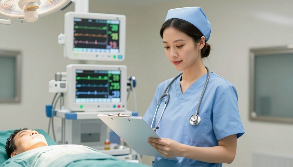 A professional anesthesiologist nurse in a hospital setting, wearing scrubs and a stethoscope, standing confidently in a brightly lit operating room. The nurse is examining a patient's medical charts on a clipboard, showcasing expertise and focus. In the background, modern medical equipment is visible, with monitors displaying vital signs. Soft, diffused lighting creates a warm atmosphere, highlighting the nurse's kind expression. The composition is shot from a slightly lower angle, emphasizing the nurse’s professionalism and dedication. Subtle hints of sterile instruments and a clean environment enhance the clinical context, creating a sense of trust and reliability. The overall mood is one of competence and care in the medical field.