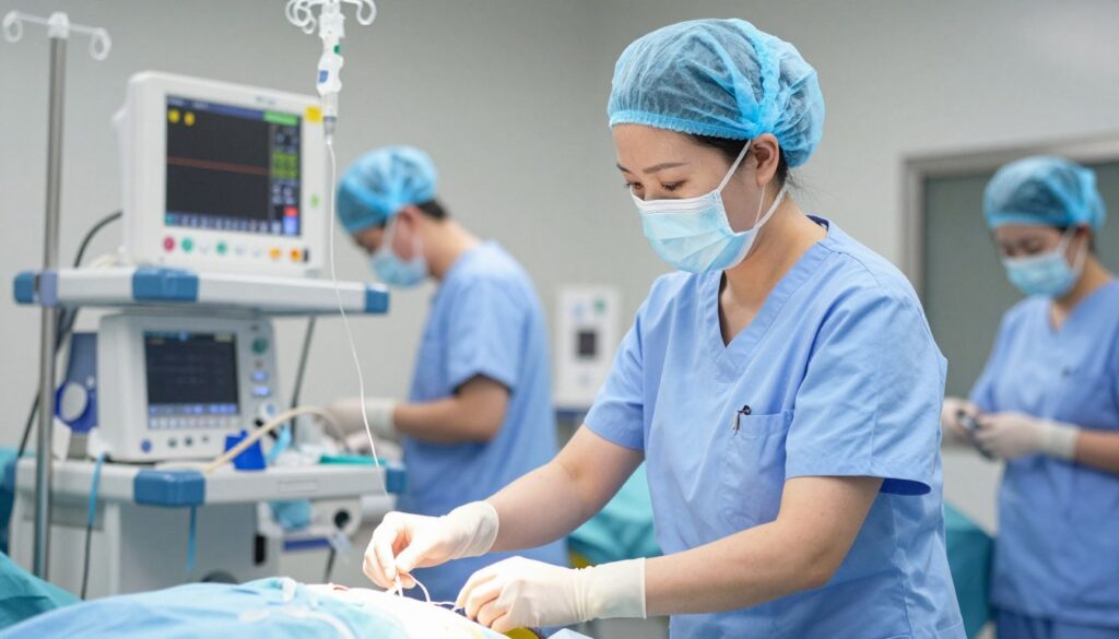 A professional anesthesiology nurse in a hospital operating room, confidently adjusting a patient's monitoring equipment. The nurse is wearing a clean, light blue scrubs with a surgical mask and hairnet, focused on her work. In the foreground, the nurse's hands are deftly managing an intravenous line, showcasing her expertise. In the middle ground, various medical instruments and monitors are visible, creating a sense of urgency and professionalism. In the background, blurred figures of medical staff can be seen collaborating, emphasizing teamwork. The lighting is bright and clinical, casting soft shadows that add depth. The atmosphere conveys dedication and focus, highlighting the critical role of the anesthesiology nurse in surgical settings.
