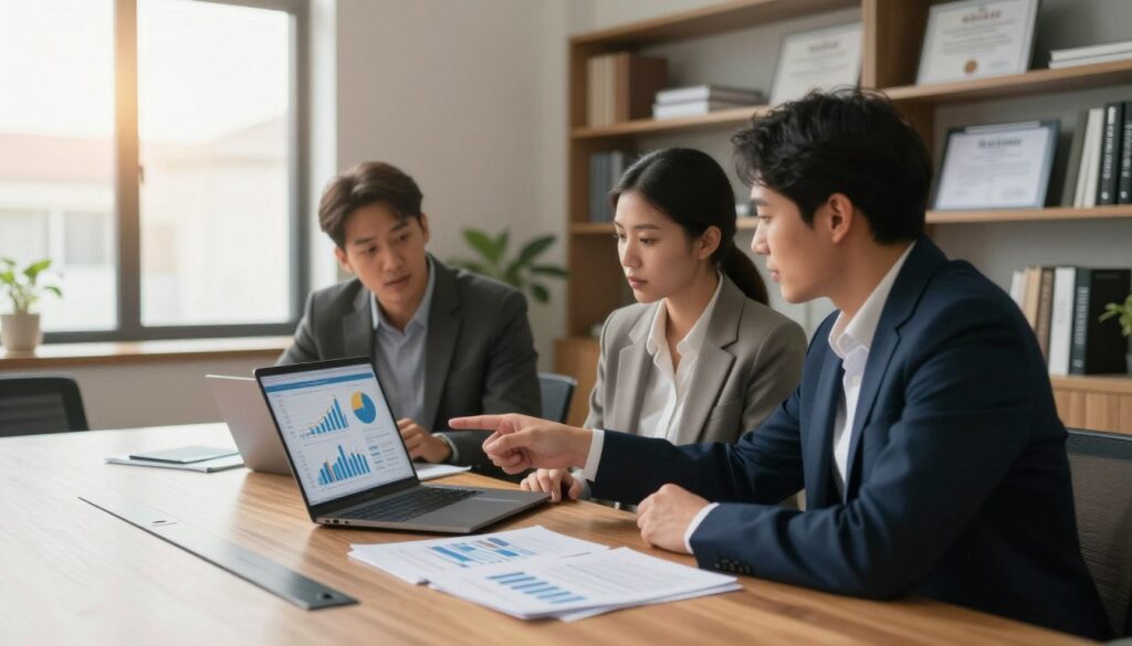 A professional audit report scene in a modern office environment, showcasing a large wooden conference table in the foreground, covered with documents and a laptop displaying charts and graphs. In the middle ground, a diverse group of three professionals, dressed in business attire, are engaged in a discussion, pointing at the laptop screen and reviewing the report. The background features a large window with sunlight filtering through, casting a warm glow across the room, and shelves lined with books and certificates on audit processes. The atmosphere is focused and collaborative, emphasizing the importance of teamwork in auditing, with soft office lighting and a wide-angle perspective to capture the entire scene. The image should not contain any text or watermarks.