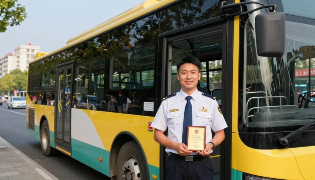 A professional bus driver standing proudly beside a modern city bus, dressed in a crisp uniform. The foreground features the driver, smiling confidently, showcasing badges or awards symbolizing bonuses and additional compensation. In the middle, the bus is detailed with vibrant colors, and its doors are open, inviting passengers to enter. The background depicts a bustling urban environment with city buildings and trees, under a clear blue sky. Soft, warm lighting enhances the scene, suggesting a bright, productive day. The atmosphere is positive and energetic, reflecting the pride and satisfaction of the driver in their role, emphasizing the various benefits that contribute to their overall compensation.