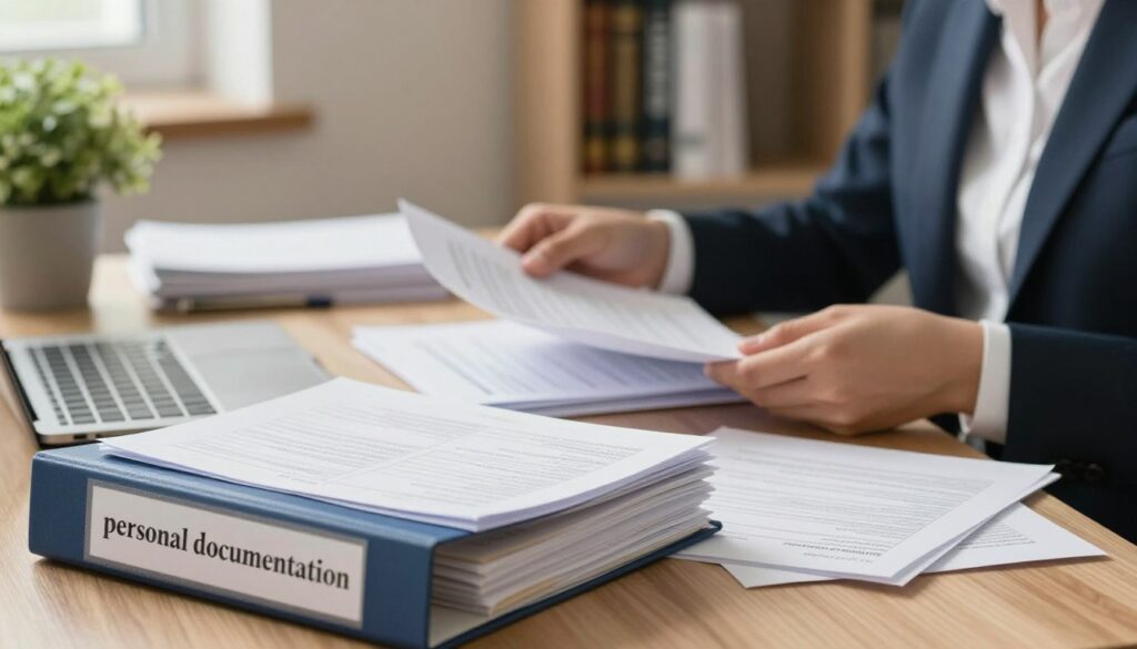 A professional business environment featuring a cluttered desk with various personal documents related to employment history. In the foreground, a stack of papers and a closed file labeled "personal documentation" in an elegant font. In the middle ground, a pair of hands meticulously sorting through the documents, dressed in a neat business attire. In the background, a softly lit office with subtle elements like a potted plant and a bookshelf filled with reference books. The lighting is warm and inviting, highlighting the importance of preserving personal records. The overall atmosphere is one of diligence and hope, emphasizing a quest for recovering lost documentation after the closure of a company.