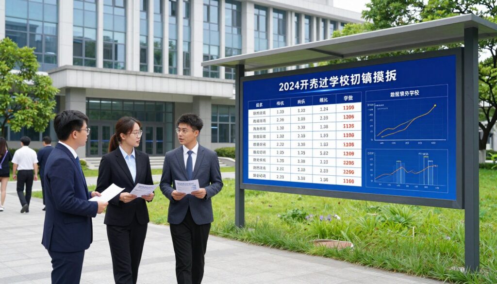 A professional dental university setting emphasizing admissions criteria, with a focus on score thresholds. In the foreground, a group of students wearing professional business attire discusses on a campus walkway, holding brochures about dental programs. In the middle ground, a digital display board shows the latest cut-off scores for various dental schools, with visual data graphs and charts indicating trends. The background features a modern university building with large glass windows and green landscaping, suggesting a vibrant academic atmosphere. The scene is illuminated by soft, natural daylight, enhancing the collaborative mood. A wide-angle perspective captures the dynamic interactions and informational context, making it suitable for informative content about dental studies.