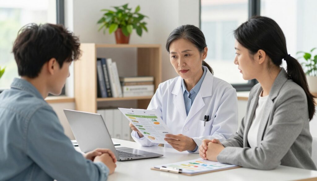 A professional dietitian consulting in a bright, modern office setting. In the foreground, a middle-aged dietitian in smart business attire is focused on explaining dietary charts to a young adult client, who is dressed in casual yet neat clothing. A laptop and nutritional pamphlets are visible on the table between them, representing a productive consultation. In the middle background, shelves filled with health-related books and a potted plant add warmth to the scene. Soft, natural light filters through a large window, creating an inviting atmosphere. The overall mood is professional yet approachable, emphasizing the importance of personal dietary consultations and the financial aspects of the service.