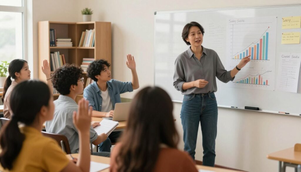 A professional educator in a classroom setting, engaged in a discussion with a diverse group of students. The teacher, a middle-aged individual in smart casual attire, stands at a whiteboard filled with graphs depicting salary statistics in the education sector. In the foreground, a close-up view of charts and notes related to teacher salaries, emphasizing data analysis. In the middle, students of various backgrounds listen attentively, some raising their hands. The background features bookshelves filled with educational materials and a large window letting in warm, natural light, creating an inviting and optimistic atmosphere. The overall mood is one of learning and curiosity, with soft focus on the background to highlight the educator and students. The image should convey the differences in earnings within the education industry.