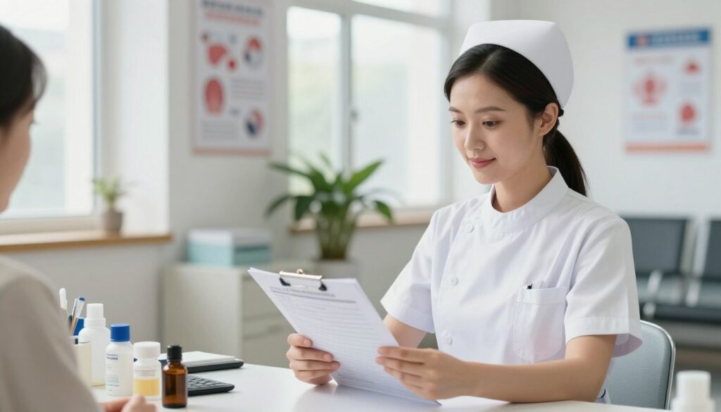 A professional female nurse in a clean, bright clinic setting, examining patient charts at a desk. She wears a smart, modest nurse uniform, reflecting her professionalism. In the foreground, the nurse looks thoughtfully at the data, with a gentle smile, embodying dedication and care. The middle ground features a well-organized workspace with medical supplies, health posters, and a plant adding a touch of warmth. The background reveals a welcoming waiting area, softly lit with natural light coming through large windows. The overall atmosphere is calm and supportive, suggesting a nurturing environment. The image captures the essence of nurse compensation in a clinic, emphasizing the importance of their role in healthcare. High resolution, with soft focus on the background and a clear focus on the nurse.