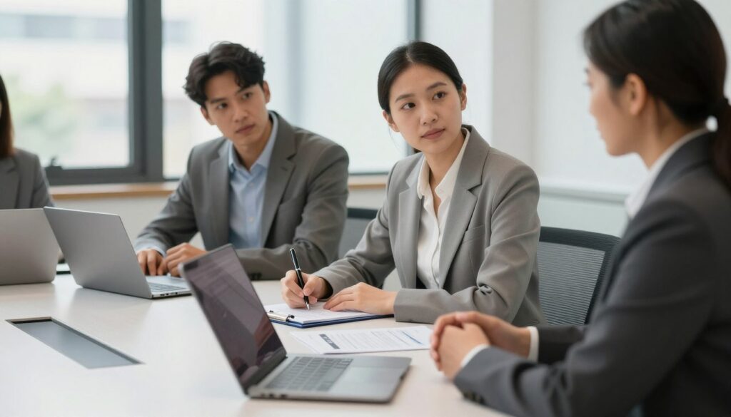 A professional job interview setting featuring a diverse group of individuals engaged in a discussion about salary and employment terms. In the foreground, a confident, neatly dressed interviewer sits at a sleek conference table, with a laptop open and documents regarding salary options and employment conditions visible. In the middle ground, a job candidate, dressed in business attire, leans forward attentively, with a notepad and pen in hand, jotting down important points. The background shows a modern office environment with large windows letting in natural light, creating a bright and inviting atmosphere. Soft, neutral colors dominate the scene, conveying a serious yet cordial mood, emphasizing the importance of open communication during the hiring process.