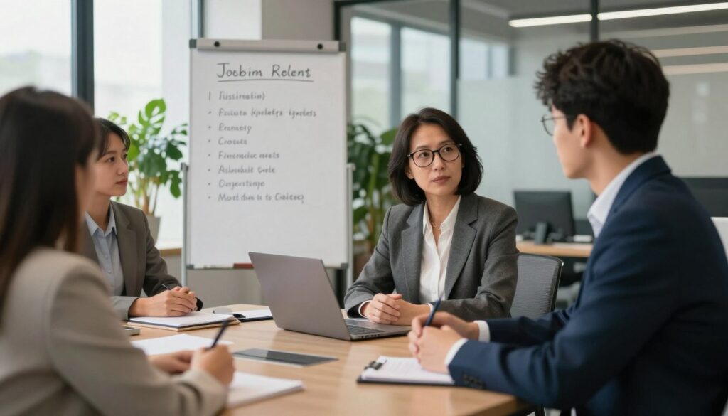 A professional job interview setting, featuring a diverse group of individuals seated around a sleek conference table. In the foreground, a well-dressed interviewer, a middle-aged woman with short black hair and glasses, engaging in a discussion with a young man in a crisp suit, taking notes. In the middle ground, a large whiteboard filled with key points about the job position, surrounded by plants that add a touch of warmth. The background shows a modern office space with large windows letting in natural light, casting a professional yet inviting atmosphere. The overall mood is focused and engaging, emphasizing the importance of assessing job roles during interviews, captured with a slight depth of field to highlight the interaction.