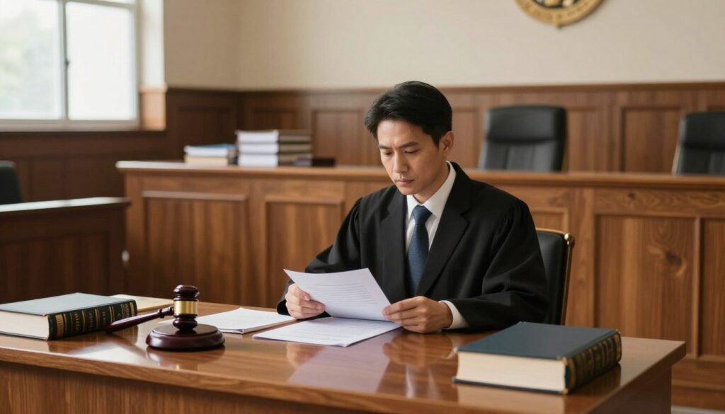 A professional judge seated at a polished wooden desk in a modern court setting, wearing formal business attire, reviewing legal documents with a focused expression. In the foreground, the judge's gavel and law books are neatly arranged. The middle ground features a spacious court chamber with imposing wooden panels and elegant architecture, reflecting a sense of authority and order. The background shows stacks of legal files and a large window letting in soft, natural light that casts a warm glow over the scene. The mood is serious and professional, emphasizing the gravity of judicial responsibilities and the importance of fair compensation. The perspective is slightly angled to give depth to the chamber while highlighting the judge at the center of the composition.