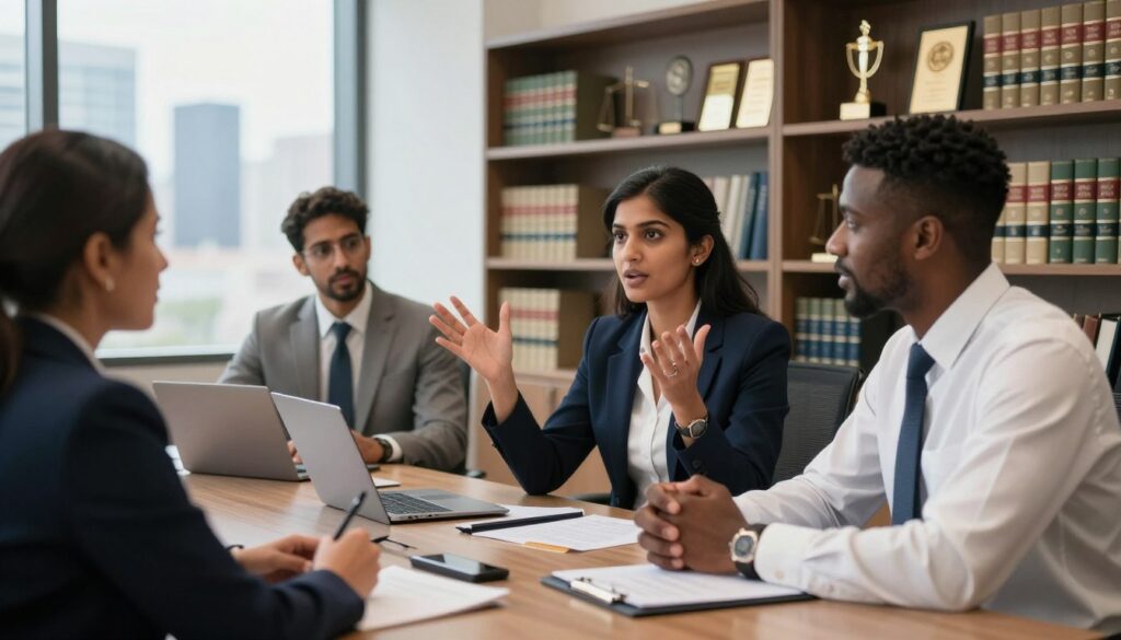 A professional legal setting featuring a diverse group of lawyers engaged in a discussion about career paths. In the foreground, a South Asian female lawyer in a tailored navy suit gestures emphatically, while a Black male lawyer in a crisp white shirt and tie listens attentively, both seated around a sleek conference table. In the middle, a modern office environment with shelves stacked with legal books and awards on the wall, complemented by natural daylight filtering through large windows, creating a bright and inviting atmosphere. In the background, a view of a city skyline through the glass, symbolizing ambition and opportunity. The mood is dynamic and professional, reflecting the importance of career choices in the legal field.