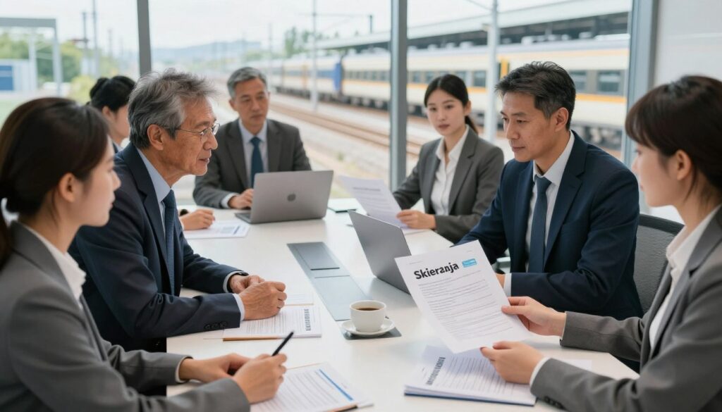 A professional-looking office environment featuring a diverse group of individuals engaged in a discussion about workplace health assessments for railway employees. In the foreground, a middle-aged male employer in a suit and a young female employee in business attire are examining a document labeled "Skierowanie". The middle layer includes a modern conference table with healthcare documents, a laptop, and a coffee cup. In the background, large windows provide natural light, revealing a view of railway tracks and a train station, emphasizing the railway industry context. The atmosphere is serious yet collaborative, reflecting the importance of occupational health in railways. The composition should be bright and well-lit, capturing a focused and professional ambiance. A professional-looking office environment featuring a diverse group of individuals engaged in a discussion about workplace health assessments for railway employees. In the foreground, a middle-aged male employer in a suit and a young female employee in business attire are examining a document labeled "Skierowanie". The middle layer includes a modern conference table with healthcare documents, a laptop, and a coffee cup. In the background, large windows provide natural light, revealing a view of railway tracks and a train station, emphasizing the railway industry context. The atmosphere is serious yet collaborative, reflecting the importance of occupational health in railways. The composition should be bright and well-lit, capturing a focused and professional ambiance.