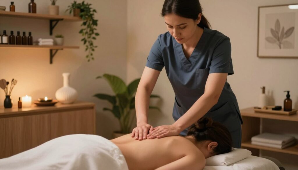 A professional massage therapist in a serene treatment room, demonstrating a massage technique on a client lying on a comfortable massage table. The therapist is dressed in smart casual clothing, exuding focus and expertise, showcasing their skill in alternative medicine. The room is softly lit with warm ambient lighting, creating a calming atmosphere. In the foreground, a close-up shot captures the therapist's hands in motion, emphasizing the precision and care in their technique. The middle ground reveals shelves filled with massage oils and tools, while the background features calming decor, such as plants and soothing colors. The overall mood is tranquil and professional, highlighting the differences in competencies between a massage therapist and a physiotherapist, underlining the context of income variability in the field.