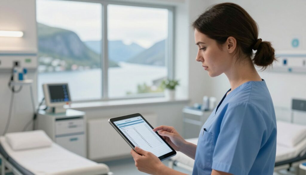 A professional nurse in Norway, dressed in a smart, clean nursing uniform, checking medical records on a tablet in a modern hospital setting. The foreground shows the nurse focused and engaged, with the tablet displaying charts and data related to salaries. In the middle, a bright, organized hospital room features medical equipment and a window letting in soft, natural light, creating a warm and welcoming atmosphere. In the background, a view of scenic Norwegian fjords can be seen through the large window, emphasizing Norway’s beauty and peaceful environment. The scene is captured with a soft-focus lens, giving it a calm and professional vibe, evoking the balance between healthcare and scenic tranquility.
