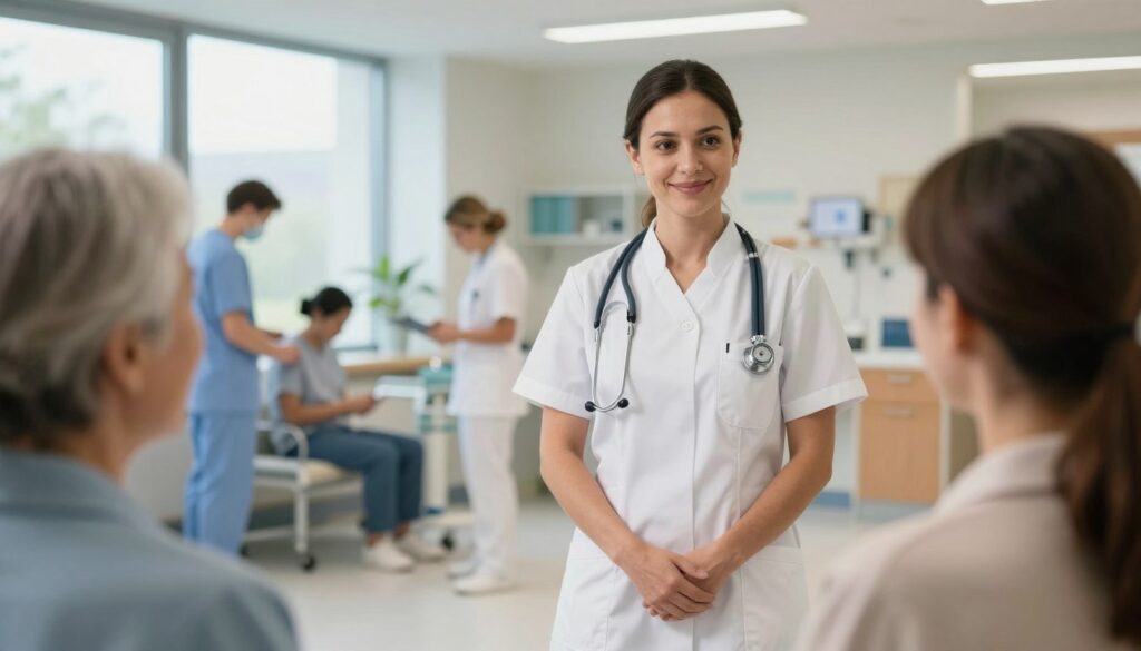 A professional nurse standing confidently in a well-lit hospital environment, wearing a crisp white uniform and a stethoscope around her neck. In the foreground, the nurse interacts kindly with a patient, embodying compassion and expertise. The middle ground features a busy hospital scene with other medical staff attending to patients, reflecting teamwork and dedication. The background shows large windows with natural light flooding in, creating an inviting atmosphere. The mood is warm and supportive, highlighting the importance of experience in nursing. Use a wide-angle lens to capture the breadth of the scene, focusing on the nurse's caring expression and the dynamic hospital environment. The overall composition emphasizes the value of nurses in Norway and the factors influencing their salaries.
