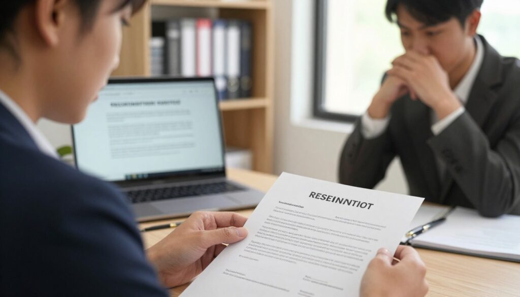 A professional office environment, depicting a young adult wearing business attire, sitting at a desk with a thoughtful expression. In the foreground, a resignation letter is prominently displayed on the desk, with a pen resting beside it. The middle ground features an open laptop showing a relevant document about terminating employment without notice. The background includes soft-focus shelves lined with books about employment law and career management. Warm, natural light filters through a nearby window, creating a calm and contemplative atmosphere. The angle is slightly above eye level, capturing the seriousness of the moment while conveying a sense of empowerment and decision-making.