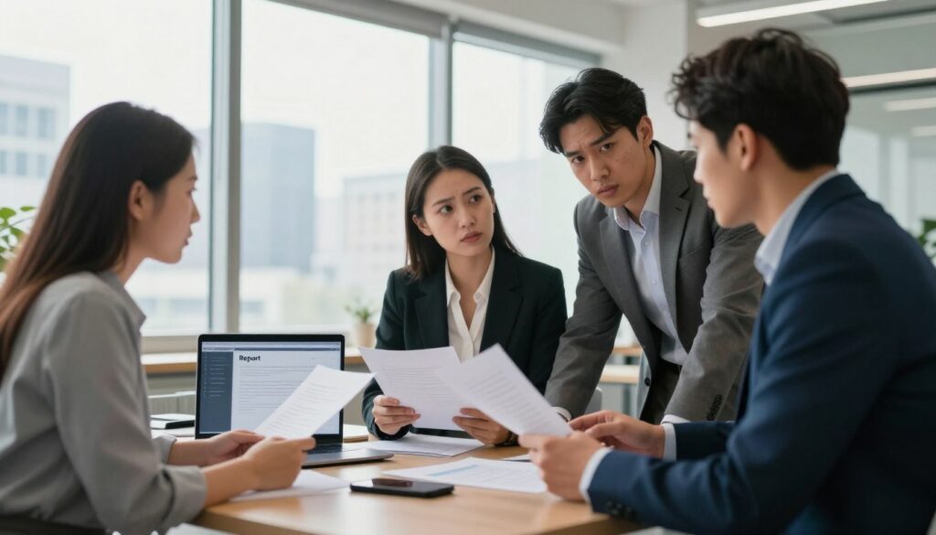 A professional office environment depicting the concept of reporting workplace mobbing. In the foreground, a diverse group of three business professionals, including a woman in a formal suit and two men in smart casual attire, engaged in a serious discussion while holding papers. The middle ground features a modern desk with a laptop showcasing a document labeled “Report” and a phone, symbolizing communication. In the background, large windows with natural light flooding the space, silhouettes of office buildings visible. The atmosphere is tense but professional, with warm lighting creating a supportive yet urgent mood. The composition suggests action and intent, capturing the importance of addressing workplace issues in a respectful and serious manner.