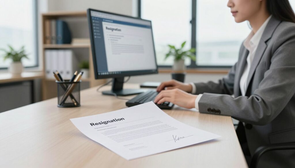 A professional office scene depicting a calm and composed employee in business attire, seated at a desk with a neatly arranged workspace. The foreground features a close-up of a formal resignation letter being placed on the desk, clearly showing the header and the employee's signature. In the middle ground, there is a computer monitor displaying an email client with an open email draft titled "Resignation." The background shows a well-lit office with shelves filled with books, plants, and a large window allowing natural light to flood the space. The atmosphere is serene and focused, conveying a sense of clarity and professionalism. The lighting is bright yet soft, emphasizing the importance of the moment without overwhelming the viewer.