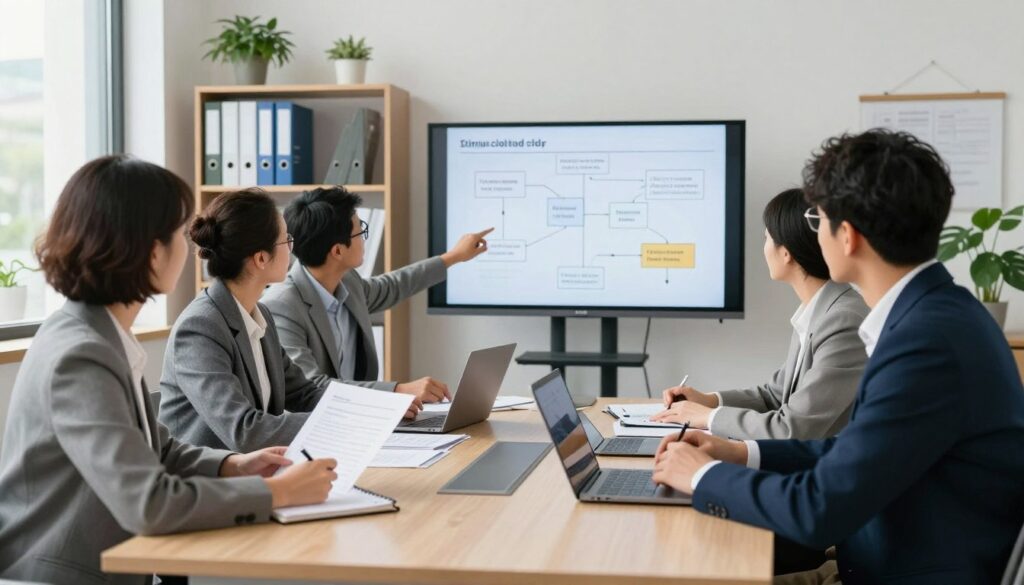 A professional office scene, focusing on a diverse group of individuals seated around a modern conference table, dressed in smart business attire. In the foreground, a woman with short hair is attentively reviewing documents and taking notes, while a man with glasses is explaining a complex flowchart on a sleek presentation screen. In the middle ground, a stack of paperwork and a laptop are visible, conveying a sense of organized chaos. The background features shelves filled with neatly arranged files, plants for a fresh touch, and large windows allowing natural light to flood the scene, creating a bright and inviting atmosphere. The mood is collaborative and focused, emphasizing problem-solving and teamwork in the face of challenges.