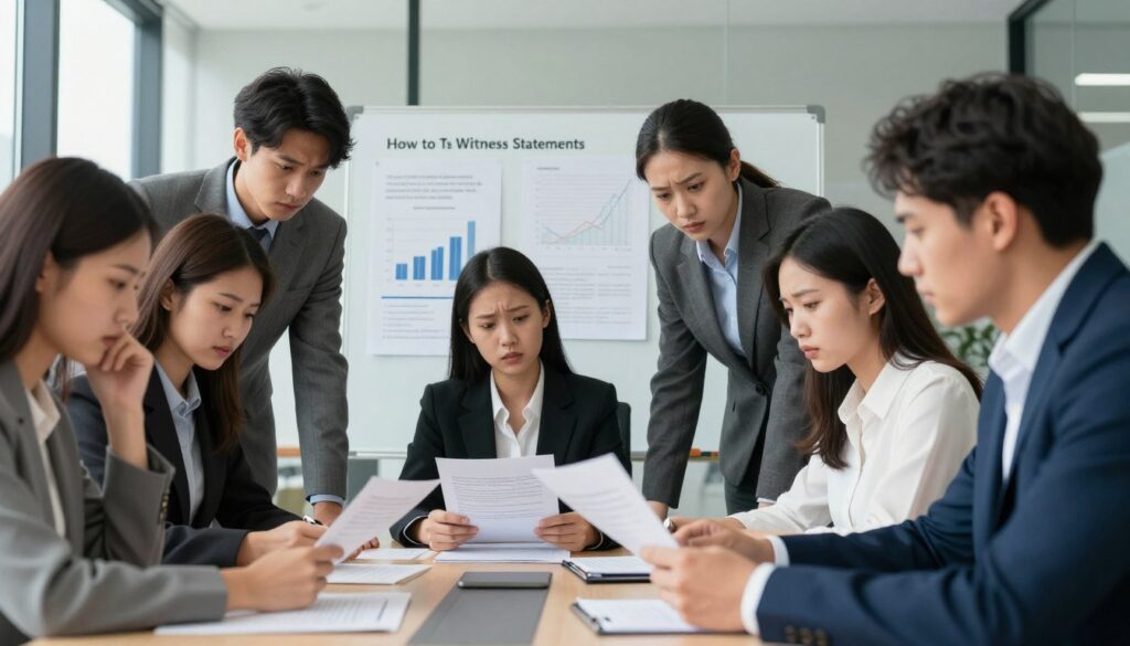 A professional office setting depicting a tense yet focused atmosphere. In the foreground, a group of diverse employees, dressed in smart business attire, are gathered around a conference table, reviewing documents. The expressions on their faces show concern and determination as they examine evidence related to workplace harassment. In the middle ground, a whiteboard displays key points on how to gather witness statements and documentation, with graphs and charts illustrating the effects of mobbing. The background features a glass wall, allowing natural light to flood the space, creating a serious but hopeful mood. The overall composition is balanced to convey the gravity of the situation while maintaining a professional ambiance.