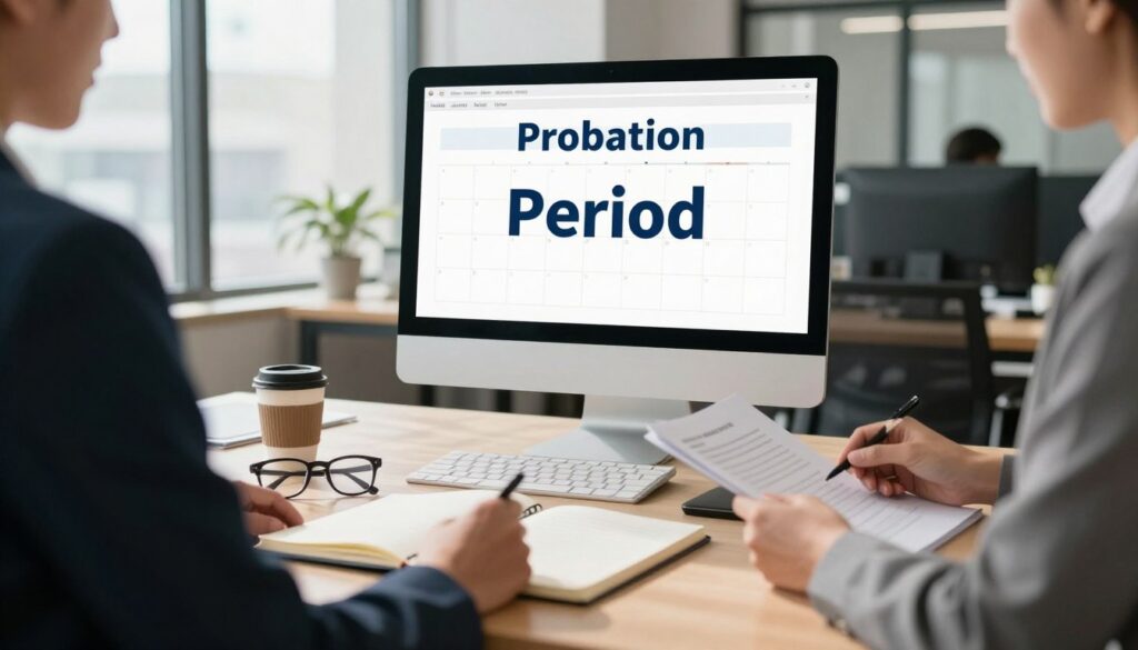 A professional office setting illustrating a "probation period" theme with a focus on a desk scene. In the foreground, a tidy desk with an open notebook, a pair of glasses, and a cup of coffee, represents the reflective aspect of evaluating a job by both employee and employer. The middle ground features a computer screen displaying a calendar with the words "Probation Period" highlighted. To the background, a modern office environment with large windows allowing natural light to pour in, casting soft shadows. The mood is serious yet hopeful, emphasizing a supportive workplace culture. The lighting is bright and inviting, suggesting a proactive approach to career development. A businessperson in professional attire is shown reviewing documents, embodying the essence of this transitional phase in employment. A professional office setting illustrating a "probation period" theme with a focus on a desk scene. In the foreground, a tidy desk with an open notebook, a pair of glasses, and a cup of coffee, represents the reflective aspect of evaluating a job by both employee and employer. The middle ground features a computer screen displaying a calendar with the words "Probation Period" highlighted. To the background, a modern office environment with large windows allowing natural light to pour in, casting soft shadows. The mood is serious yet hopeful, emphasizing a supportive workplace culture. The lighting is bright and inviting, suggesting a proactive approach to career development. A businessperson in professional attire is shown reviewing documents, embodying the essence of this transitional phase in employment.