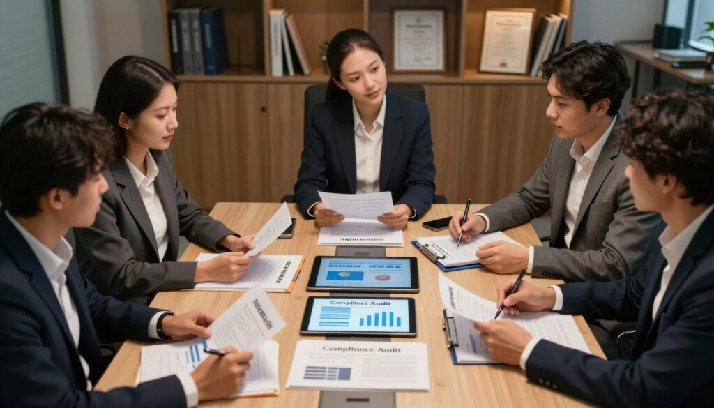 A professional office setting that visually represents different types of audits within a company. In the foreground, a diverse group of business professionals, dressed in tailored suits, are discussing audit reports and strategies, demonstrating engagement and teamwork. In the middle, a large conference table is covered with various documents, folders labeled ‘Internal Audit’, ‘Financial Audit’, and ‘Compliance Audit’, alongside a digital tablet displaying graphs. In the background, dimly lit office shelves hold books and certificates, adding depth. The lighting is soft and warm, creating a collaborative and focused atmosphere. The perspective is slightly elevated, capturing the dynamics of the team while maintaining a clear view of the audit materials.