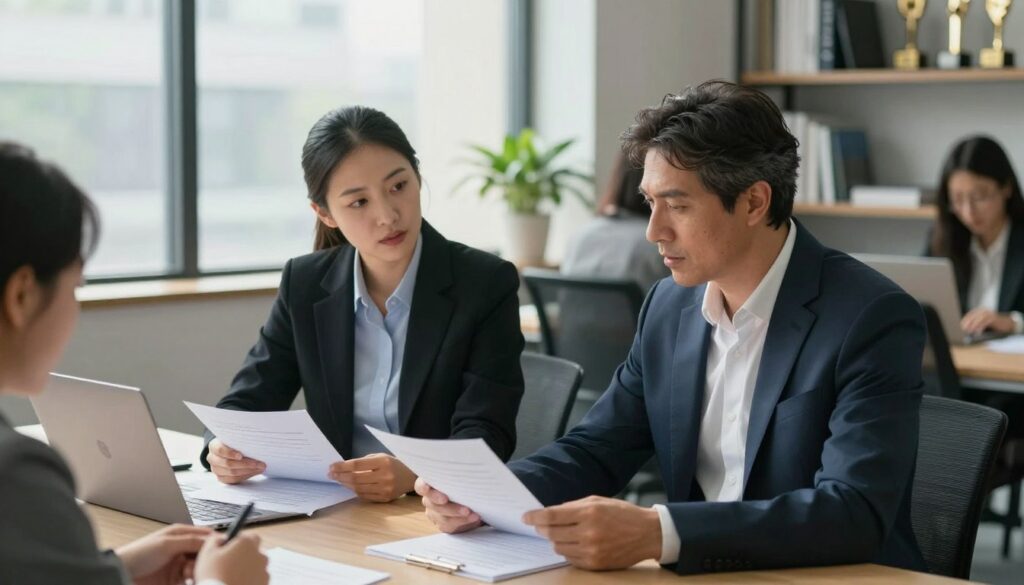 A professional office setting with a diverse group of business people engaged in a discussion around a table. Foreground features two individuals, a middle-aged Caucasian man in a tailored suit and a young Asian woman in smart casual attire, both analyzing documents. The middle ground shows a large window with natural light filtering through, highlighting their focused expressions. In the background, a modern office with sleek furniture, potted plants, and shelves filled with books and awards contributes to a professional and dynamic atmosphere. The scene conveys a mood of collaboration and seriousness, illustrating the contrast between a contracted work arrangement and full-time employment. The image should capture a sense of engagement and professionalism, with soft shadows enhancing the depth.