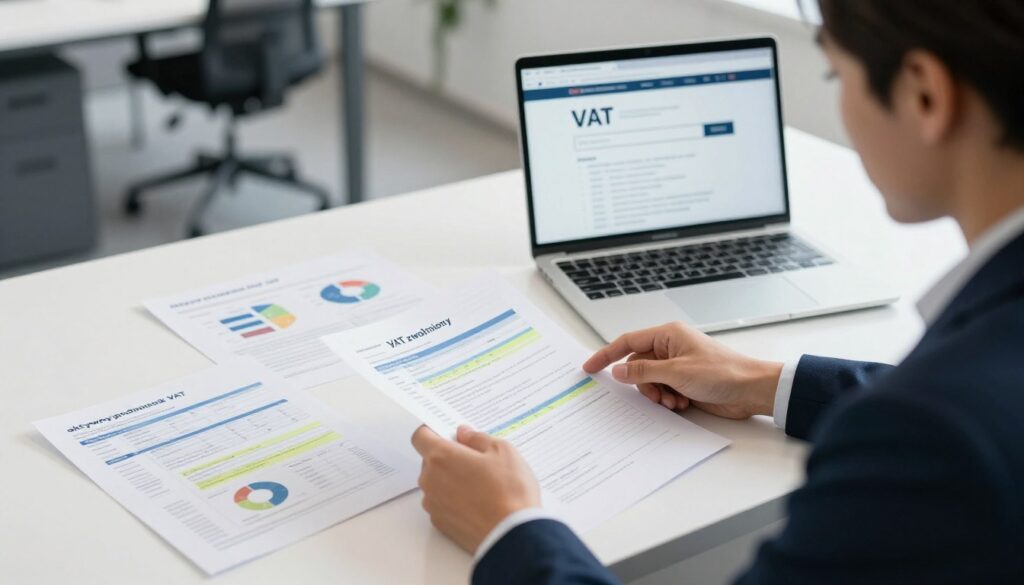 A professional office setting with a well-organized desk, showcasing documents and a laptop displaying a VAT registration website. In the foreground, a focused business professional in smart attire examines a financial report, with a thoughtful expression. The middle of the scene includes various VAT-related documents, such as charts and forms labeled "aktywny podatnik VAT," "VAT zwolniony," and "wykreślony," with highlighted text. The background features a modern office with soft lighting that creates a calm atmosphere, emphasizing productivity. The composition is well-balanced, shot from a slightly elevated angle to capture the subject interacting with the documents, conveying a sense of determination and clarity in understanding VAT statuses. A professional office setting with a well-organized desk, showcasing documents and a laptop displaying a VAT registration website. In the foreground, a focused business professional in smart attire examines a financial report, with a thoughtful expression. The middle of the scene includes various VAT-related documents, such as charts and forms labeled "aktywny podatnik VAT," "VAT zwolniony," and "wykreślony," with highlighted text. The background features a modern office with soft lighting that creates a calm atmosphere, emphasizing productivity. The composition is well-balanced, shot from a slightly elevated angle to capture the subject interacting with the documents, conveying a sense of determination and clarity in understanding VAT statuses.