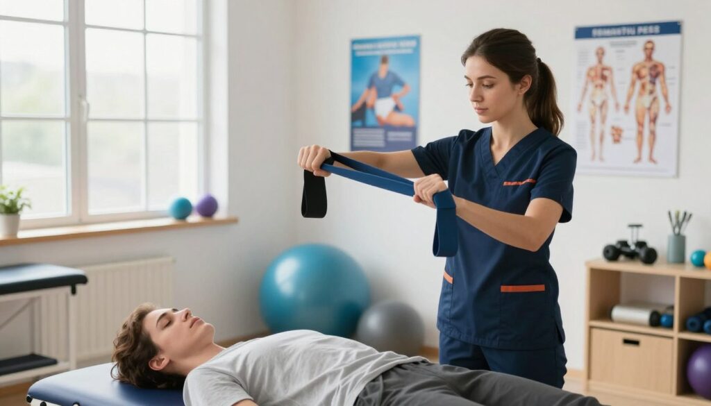 A professional physiotherapist working one-on-one with a patient in a modern treatment room, bright and well-lit with natural light streaming through large windows. The foreground features the physiotherapist, a young woman in professional attire, demonstrating an exercise using a resistance band, her expression focused and supportive. In the middle ground, various rehabilitation equipment like exercise balls and weights are neatly arranged. In the background, motivational posters and anatomical charts are displayed on the walls, showcasing the career development theme. The overall atmosphere is positive and encouraging, emphasizing growth and professionalism in the field of physiotherapy. The camera angle is slightly elevated, providing a clear view of the interaction and the supportive environment.