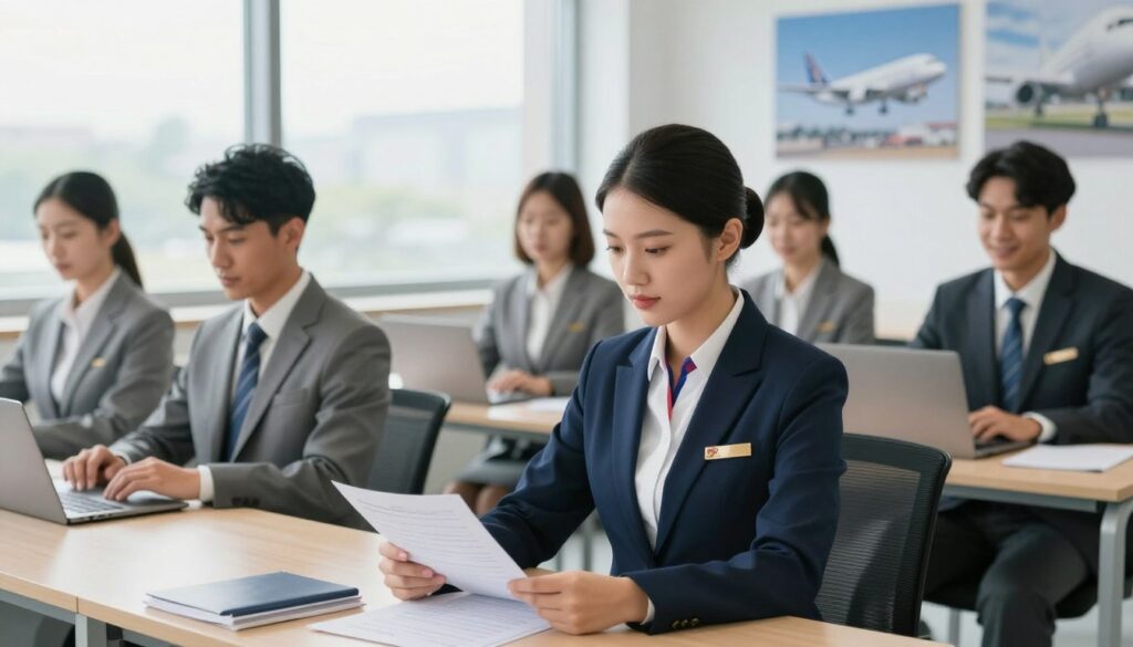 A professional recruitment scene showcasing a diverse group of airline applicants in a bright, modern office environment. In the foreground, a well-dressed woman in a sharp business suit sits at a table, reviewing application forms, a look of concentration on her face. To her right, another applicant, a man in formal attire, waits nervously with a smile, showcasing professionalism and eagerness. The middle layer features a large window letting in soft natural light, reflecting the dynamic atmosphere of a bustling recruitment process. In the background, images of aircraft and travel destinations hang on the walls, emphasizing the airline industry. The overall mood is focused and aspirational, with a sense of opportunity and excitement for aspiring cabin crew members.