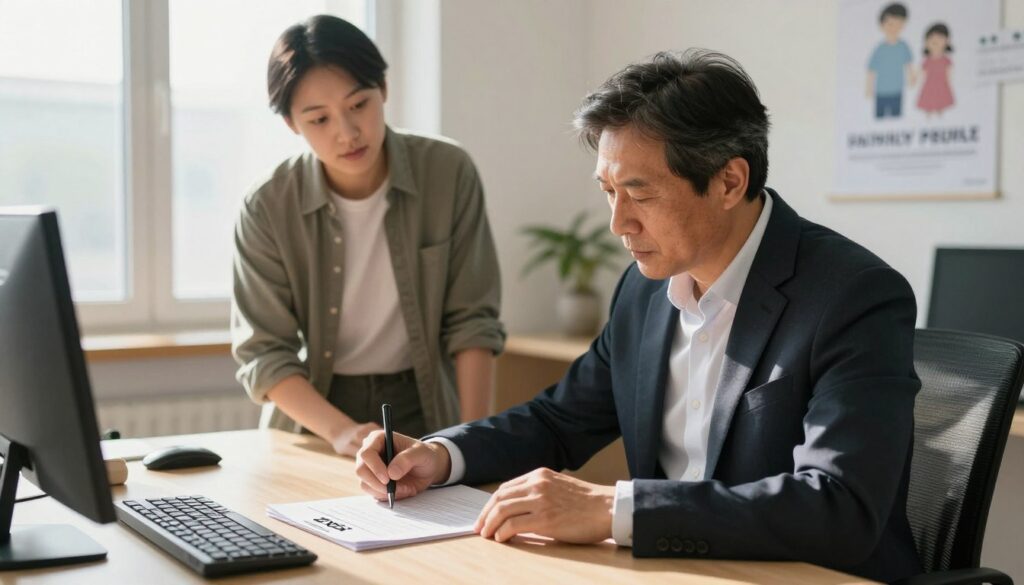 A professional setting depicting an office where a family member is submitting a ZUS application for a family pension. In the foreground, a middle-aged person, dressed in a business suit, is filling out a form at a desk, looking focused and determined. In the background, another family member, a younger adult in casual but tidy clothing, observes the process. The room is well-lit with natural light coming from a window, creating a warm and welcoming atmosphere. Soft shadows cast by the overhead lights add depth to the scene. The walls are adorned with motivational posters about financial security and family support, subtly reinforcing the theme of the image. The angle is slightly elevated, capturing both the action of the application process and the supportive presence of the family member.