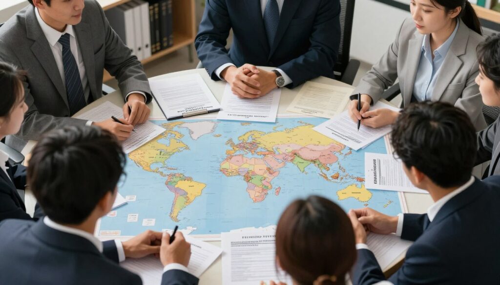 A professional setting illustrating the concept of insurance periods. In the foreground, display a diverse group of people in professional business attire, engaged in a discussion around a large, detailed map showing various countries highlighted to indicate work locations. In the middle ground, include various documents such as contracts, pay stubs, and official letters, symbolizing the paperwork needed for documenting work abroad. The background should have an office environment with shelves of books on retirement planning and insurance, subtly lit with soft, warm lighting to create a focused and serious atmosphere. Capture the scene from a slightly elevated angle to provide depth and context, emphasizing collaboration and professionalism in the journey of documenting work for retirement.