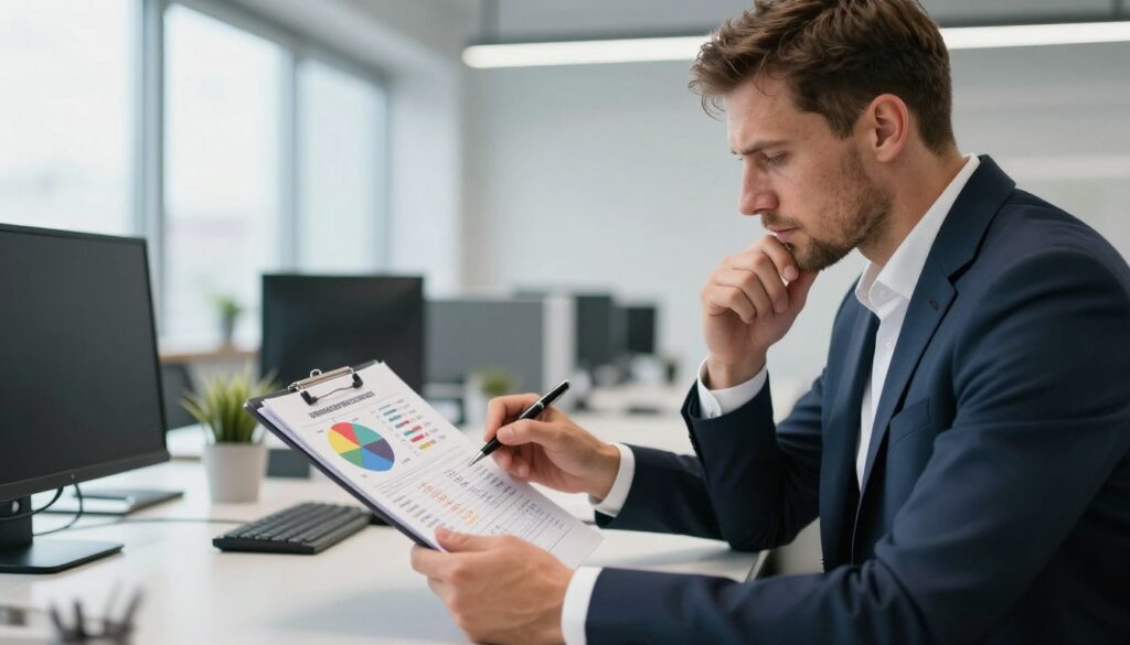 A professional soccer player in a modern office environment, reviewing financial documents that represent his salary and earnings in different leagues. The foreground features the athlete, dressed in a smart suit, with a thoughtful expression while holding a pen over a clipboard. In the middle, you can see charts and graphs displaying various salary figures and league comparisons, symbolizing the variability of player salaries in Poland. The background showcases a sleek office space with large windows, bright natural light illuminating the scene, giving a sense of professionalism and seriousness. The mood is focused and analytical, highlighting the complexities behind player salaries. The angle is slightly elevated, capturing the player’s engaged posture at a stylish desk.