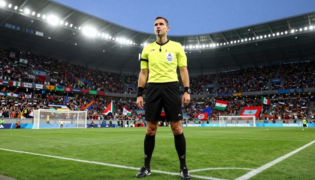 A professional soccer referee in a FIFA World Cup setting, wearing an official uniform and holding a whistle, stands confidently on the pitch, with vivid green grass and goalposts in the background. The referee’s expression reflects focus and authority as they prepare to officiate a high-stakes match. The stadium is filled with enthusiastic fans, their faces painted in national colors, with banners and flags waving, illustrating the excitement of a global event. The lighting is dynamic, capturing the bright stadium lights, creating a vibrant atmosphere. The perspective is slightly low-angle, emphasizing the referee's importance in the game. A clear blue sky overhead adds to the energetic, celebratory mood of a World Cup match.