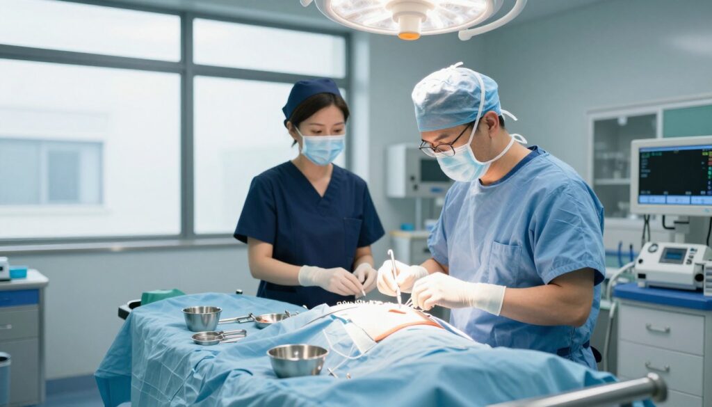 A professional surgeon in a well-lit operating room, wearing a surgical mask and scrubs, focused on a high-tech surgical procedure. In the foreground, a modern surgical table with instruments neatly arranged, reflecting a sense of precision and care. The middle ground features a nurse assisting, both engaged and attentive, showcasing teamwork in a critical environment. In the background, large windows reveal a calm hospital exterior, bathed in natural light that symbolizes hope and healing. The atmosphere is serious yet inspiring, with an emphasis on professionalism and skill. The composition should have a clean, contemporary feel, conveying the contrast between public hospital and private clinic settings.