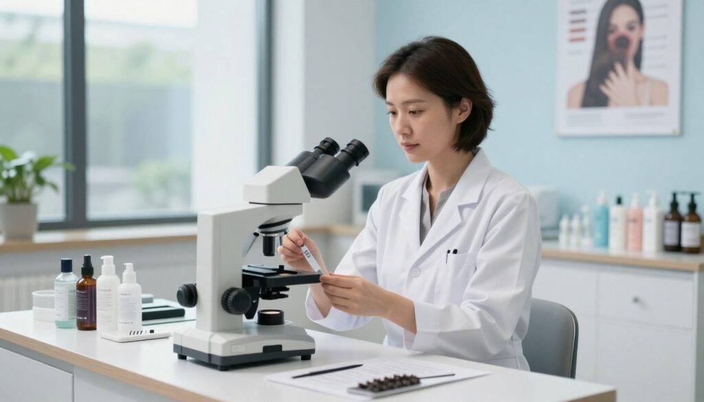 A professional trichologist in a modern clinic setting, standing confidently beside a workstation filled with hair care products. The foreground features a sleek desk with diagnostic tools used for scalp examinations. In the middle, the trichologist, dressed in a smart white lab coat and neutral-colored attire, analyzes a patient’s hair samples under a bright microscope. The background depicts a well-lit, inviting consultation room with soft, natural lighting coming from large windows, greenery visible outside, and medical posters on the walls illustrating hair health. The atmosphere is focused and professional, conveying expertise and care. A shallow depth of field emphasizes the trichologist, while the overall color palette is calming with soft blues and whites.