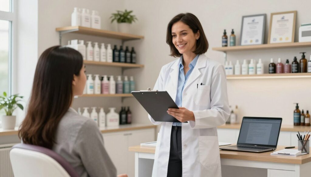 A professional trichologist in a modern private clinic, standing confidently with a clipboard in hand, discussing treatment plans with a patient seated in a comfortable chair. The trichologist, wearing smart business attire, shows a sense of assurance and expertise. In the background, shelves filled with hair care products and certificates symbolize success and trust. Soft, natural lighting floods the room, highlighting the warm tones of the decor, creating a welcoming and professional atmosphere. A desk displaying a laptop and consultation materials suggests a thriving practice. The camera angle is slightly from below, emphasizing the trichologist’s authority while capturing the inviting environment. The mood is optimistic and empowering, reflecting growth and professionalism in the trichology field.