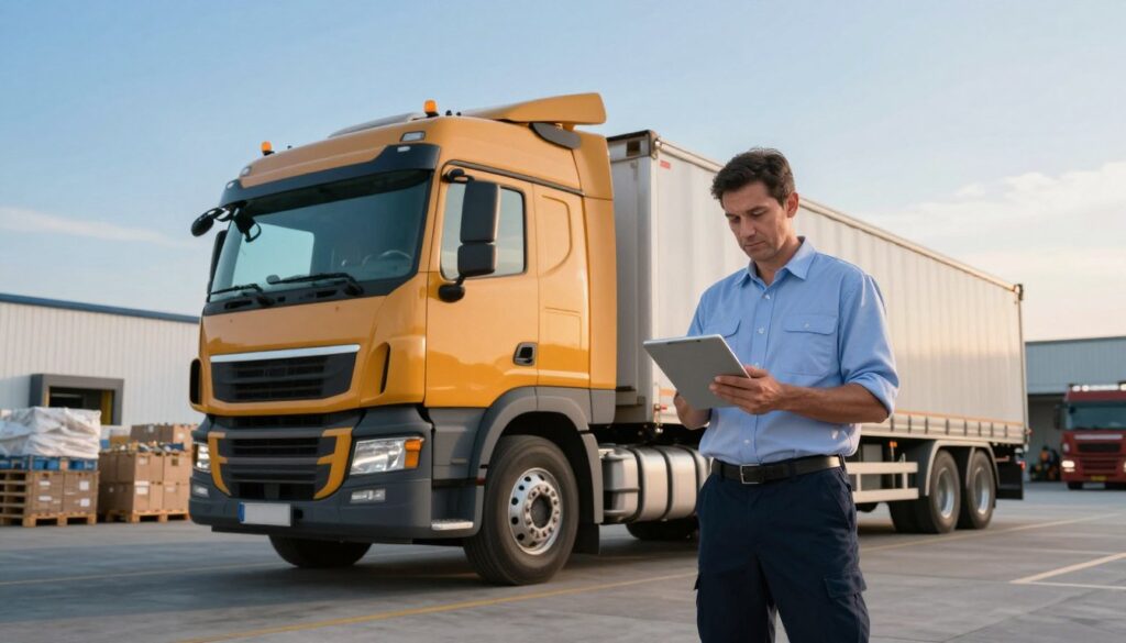 A professional truck driver standing confidently beside a heavy-duty truck parked on a bustling loading dock. In the foreground, the driver, dressed in a smart uniform, checks their tablet for information on wages and contracts. The truck is large and detailed, showcasing the cab and trailer's vibrant colors. In the middle ground, various logistics elements like crates and pallets are visible, highlighting the busy environment of international transport. The background features a clear blue sky with a hint of sunrise, symbolizing new opportunities in the industry. Soft but bright natural lighting illuminates the scene, creating a motivational atmosphere focused on professionalism and determination in the trucking business.