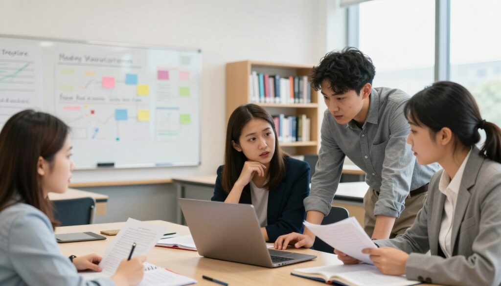 A professional university setting featuring diverse students engaged in discussions about graduate studies. In the foreground, a group of three students, dressed in business casual attire, are examining a laptop and textbooks, displaying expressions of curiosity and determination. In the middle ground, a modern classroom with a large whiteboard filled with colorful charts and notes about master's programs. Bookshelves lined with academic literature are visible. The background shows large windows letting in bright, natural light, enhancing the atmosphere of knowledge and collaboration. The overall mood is one of aspiration and motivation, with a focus on the importance of advanced education. The scene is captured from a slightly elevated angle to provide a comprehensive view of the activity in the room.