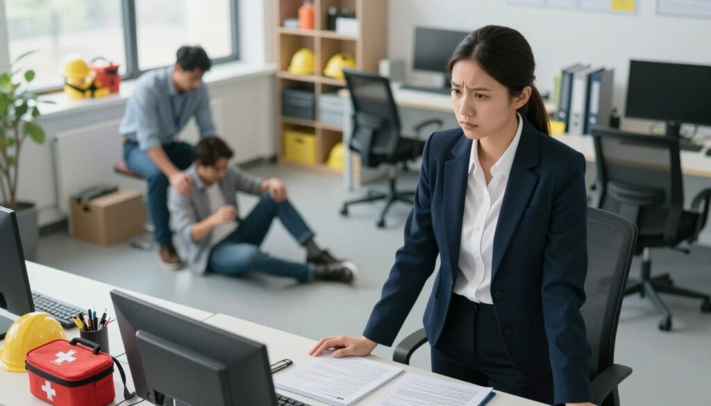 A professional worker in business attire, looking concerned, standing beside a workstation in a modern office environment. In the foreground, a desk cluttered with safety documents, a first aid kit, and work-related safety equipment. In the middle ground, a blurred image of a colleague assisting another worker who appears to have tripped and is sitting on the floor, highlighting the moment of an accident. The background features shelves with safety gear and ergonomic office furniture, giving a sense of a workplace setting. Soft, natural lighting streams through large windows, creating a calm yet serious atmosphere. The angle is slightly overhead, capturing the scene clearly while emphasizing the relationship between the worker and their duties.