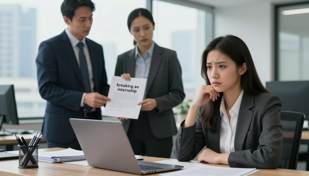A professional workspace scene depicting the concept of "breaking an internship." In the foreground, a concerned young woman in business attire sits at a desk littered with paperwork, pens, and a laptop, showing signs of frustration or contemplation as she gazes off to the side. In the middle ground, a supervisor stands, presenting a document with a serious expression, representing the discussion around ending the internship. The background features an office environment with a large window revealing a city skyline, indicating a modern work setting. Soft, natural lighting filters through, creating a balanced atmosphere of tension and contemplation regarding the consequences of terminating an internship.