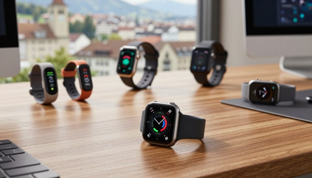 A professional workspace showcasing the essence of the 4Swiss brand. In the foreground, a sleek, modern smartwatch featuring a vibrant screen displaying health metrics, elegantly placed on a polished wooden desk. The middle ground features various 4Swiss products, such as fitness trackers and smart accessories, artfully arranged with subtle reflections. The background includes a blurred view of a bustling Swiss cityscape, symbolizing the brand's origin, complemented by soft, natural lighting that highlights the products' sleek designs. The angle is slightly above eye level, providing an inviting perspective. The overall mood is contemporary and high-tech, conveying innovation and precision associated with the 4Swiss brand. A professional workspace showcasing the essence of the 4Swiss brand. In the foreground, a sleek, modern smartwatch featuring a vibrant screen displaying health metrics, elegantly placed on a polished wooden desk. The middle ground features various 4Swiss products, such as fitness trackers and smart accessories, artfully arranged with subtle reflections. The background includes a blurred view of a bustling Swiss cityscape, symbolizing the brand's origin, complemented by soft, natural lighting that highlights the products' sleek designs. The angle is slightly above eye level, providing an inviting perspective. The overall mood is contemporary and high-tech, conveying innovation and precision associated with the 4Swiss brand.