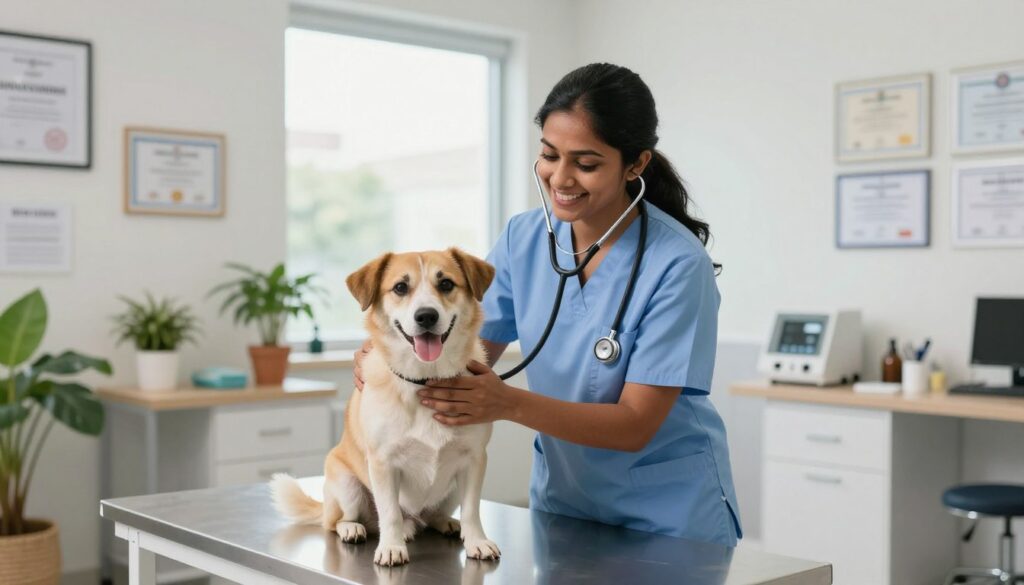 A scene inside a modern veterinary clinic showcasing a veterinarian in professional attire, examining a friendly dog with a stethoscope. In the foreground, the veterinarian, a South Asian woman in her 30s, kneels beside a table, focused and compassionate, with a bright smile. The middle ground features a well-organized examination room with veterinary equipment, plants for a calming atmosphere, and certificates on the walls highlighting the vet's professional accomplishments. In the background, large windows allow natural light to flood the space, creating a warm, welcoming ambiance. The overall mood is one of professionalism and care, emphasizing the veterinarian's important role in animal health and well-being.