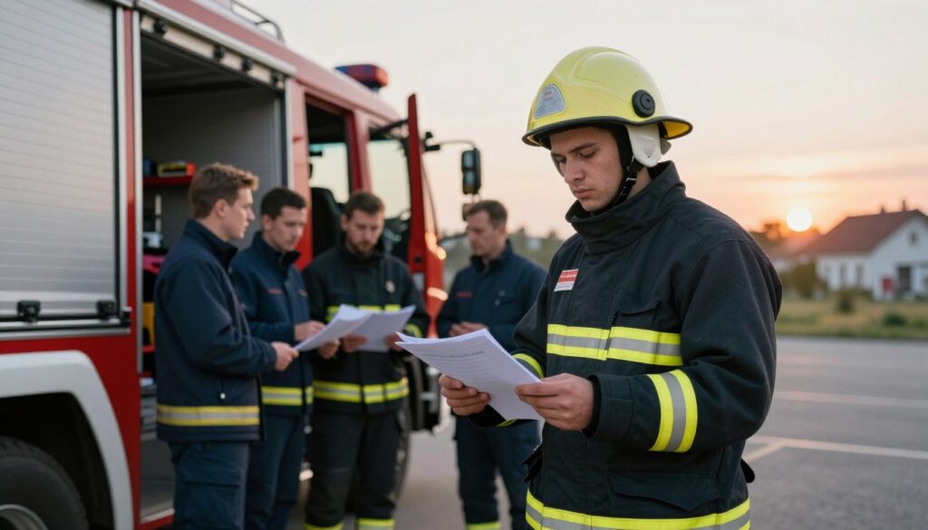 A scene showcasing a volunteer firefighter in action, illustrating the concept of "ekwiwalent za akcje OSP". In the foreground, a determined volunteer firefighter, clad in a professional uniform, stands next to a fire truck, with a focused expression as he reviews documents related to actions taken during an emergency. In the middle ground, several colleagues are engaged in discussions, emphasizing teamwork and collaboration. In the background, a rural village setting, with a subtle sunrise casting warm light, creates a welcoming atmosphere. The image captures the spirit of community service and dedication to safety. Use soft natural lighting to enhance the mood, and a slightly blurred background to keep the focus on the firefighter and his colleagues, shot from a low angle to convey their importance.