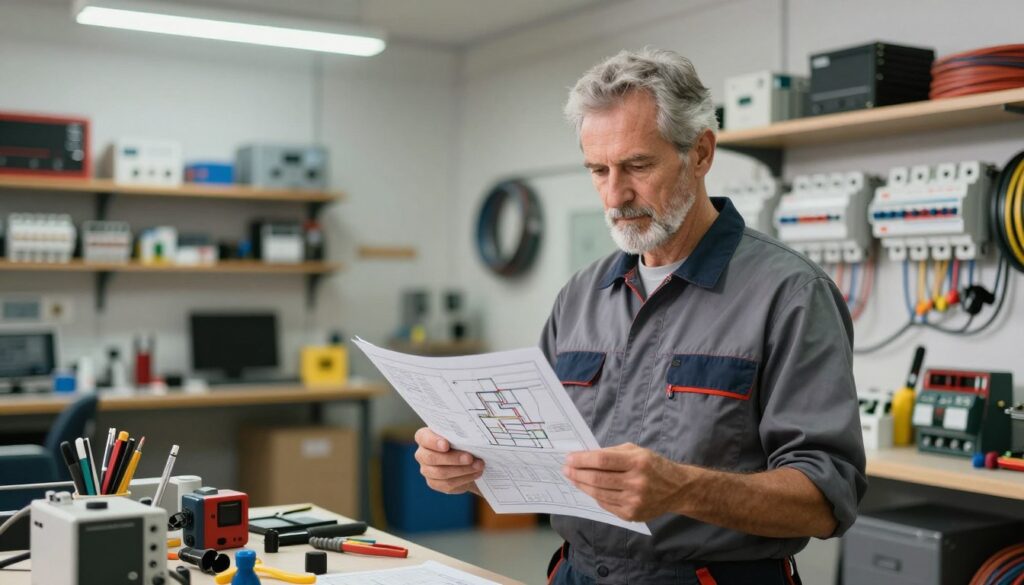 A seasoned electrician standing confidently within a modern workshop, surrounded by various electrical tools and devices. In the foreground, he examines a detailed wiring diagram, dressed in professional work attire. The middle ground features shelves filled with neatly arranged equipment, such as circuit breakers and cables, while the background reveals an illuminated workspace with bright overhead lighting, reflecting a clean and organized environment. A warm and focused atmosphere permeates the scene, symbolizing the dedication and expertise tied to the profession. The image is captured with a soft-focus lens effect, emphasizing the electrician as the central subject against the backdrop of a technical and industrious setting.
