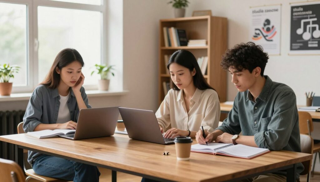 A serene and focused study environment that embodies "studia zaoczne" or part-time studies. In the foreground, a diverse group of three students, two women and one man, seated at a modern wooden table, immersed in their laptops and textbooks, dressed in smart casual attire. In the middle, a few scattered notebooks, coffee cups, and stationery hint at an active learning space. The background shows large windows with soft, natural light streaming in, illuminating a cozy, well-organized study room filled with bookshelves and inspirational posters. The atmosphere is calm, productive, and inspiring, reflecting the balance of work and study. Capture this scene with a warm color palette and slight depth-of-field to emphasize the subjects, creating a sense of engagement and dedication to education.
